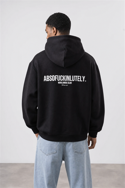 Erkek Absofuckinlutely Baskılı Oversize Hoodie Siyah