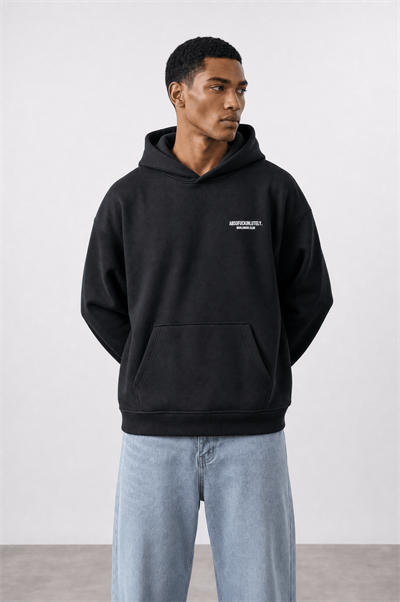Erkek Absofuckinlutely Baskılı Oversize Hoodie Siyah