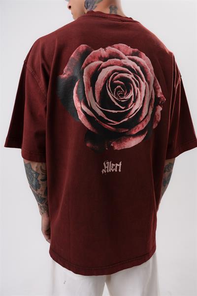 Erkek Alert Baskılı Yıkamalı Oversize T-Shirt Bordo