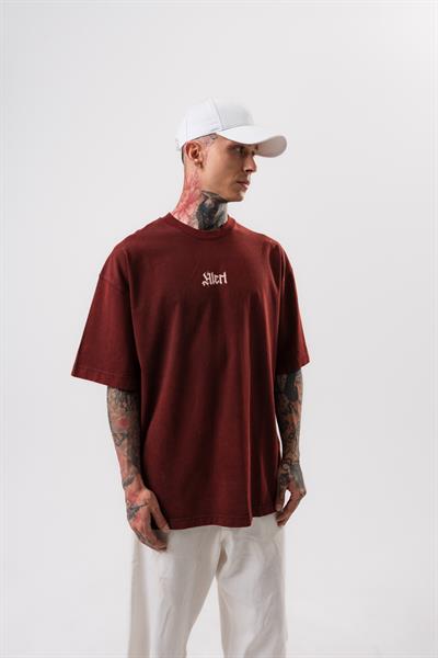 Erkek Alert Baskılı Yıkamalı Oversize T-Shirt Bordo