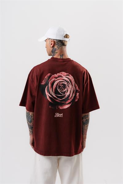 Erkek Alert Baskılı Yıkamalı Oversize T-Shirt Bordo