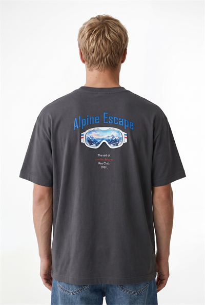 Erkek Alpine Nakışlı Oversize T-Shirt Füme