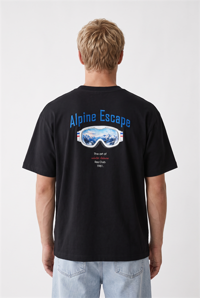 Erkek Alpine Nakışlı Oversize T-Shirt Siyah