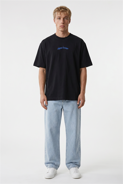 Erkek Alpine Nakışlı Oversize T-Shirt Siyah