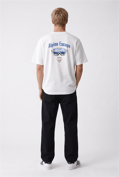 Erkek Alpine Nakışlı Oversize T-Shirt Ekru