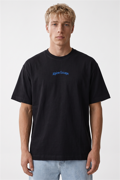 Erkek Alpine Nakışlı Oversize T-Shirt Siyah