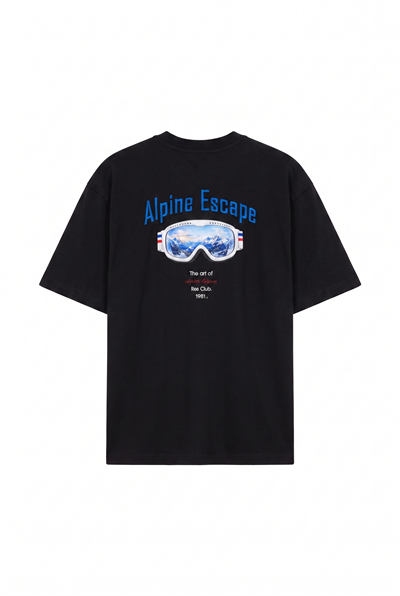 Erkek Alpine Nakışlı Oversize T-Shirt Siyah