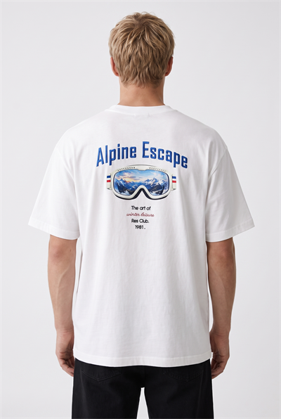 Erkek Alpine Nakışlı Oversize T-Shirt Ekru