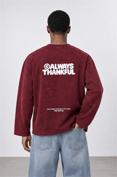 Erkek Always Baskılı Yıkamalı Oversize Long Sleeve Bordo