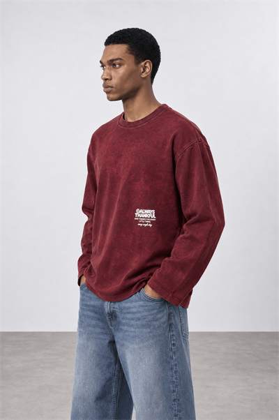 Erkek Always Baskılı Yıkamalı Oversize Long Sleeve Bordo