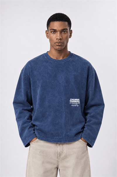 Erkek Always Baskılı Yıkamalı Oversize Long Sleeve Lacivert