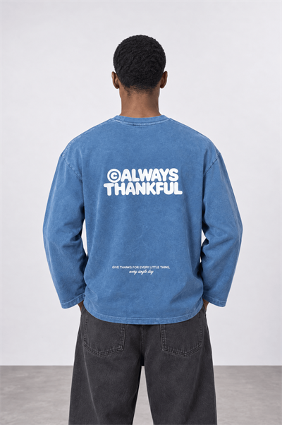 Erkek Always Baskılı Yıkamalı Oversize Long Sleeve Bebe Mavi