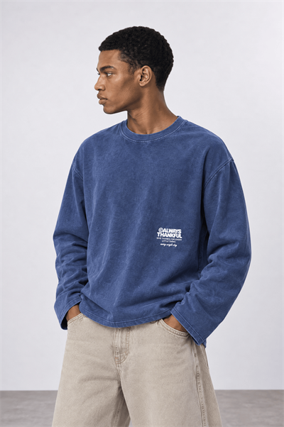 Erkek Always Baskılı Yıkamalı Oversize Long Sleeve Lacivert