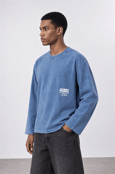 Erkek Always Baskılı Yıkamalı Oversize Long Sleeve Bebe Mavi