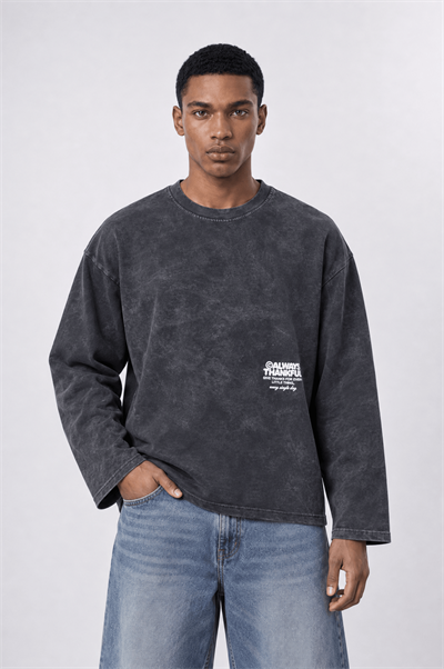 Erkek Always Baskılı Yıkamalı Oversize Long Sleeve Siyah
