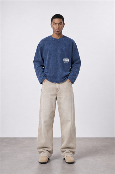 Erkek Always Baskılı Yıkamalı Oversize Long Sleeve Lacivert