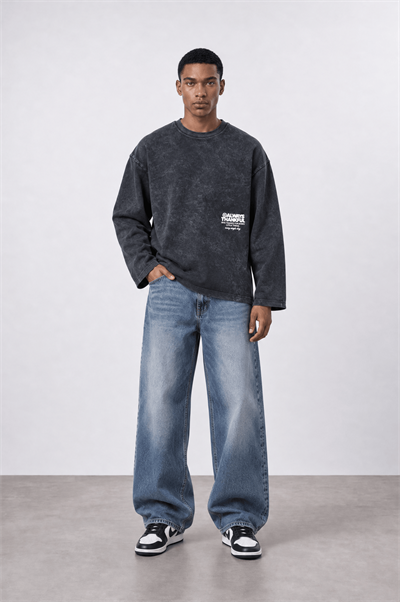 Erkek Always Baskılı Yıkamalı Oversize Long Sleeve Siyah