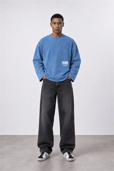 Erkek Always Baskılı Yıkamalı Oversize Long Sleeve Bebe Mavi