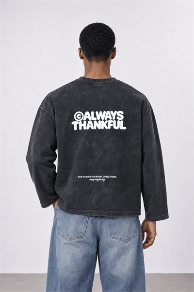 Erkek Always Baskılı Yıkamalı Oversize Long Sleeve Siyah