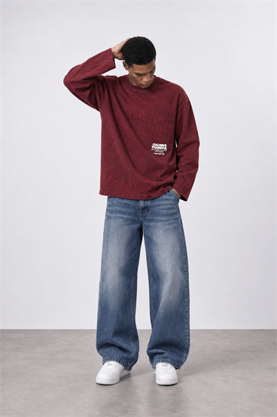 Erkek Always Baskılı Yıkamalı Oversize Long Sleeve Bordo