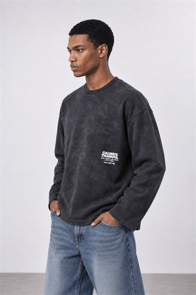 Erkek Always Baskılı Yıkamalı Oversize Long Sleeve Siyah