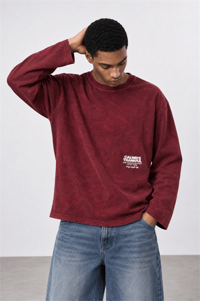 Erkek Always Baskılı Yıkamalı Oversize Long Sleeve Bordo