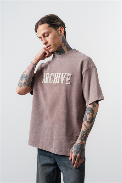 Erkek Archive Nakışlı Yıkamalı Oversize T-Shirt Kahve