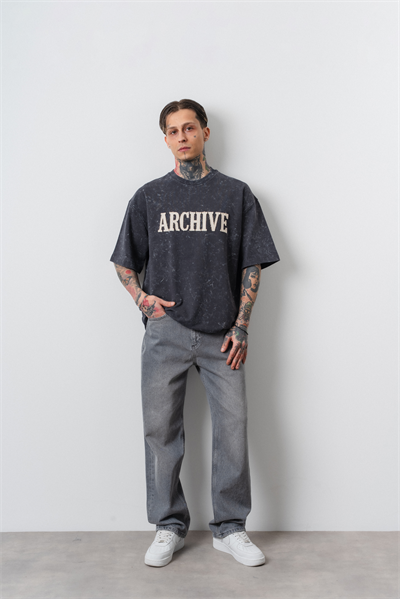 Erkek Archive Nakışlı Yıkamalı Oversize T-Shirt Füme