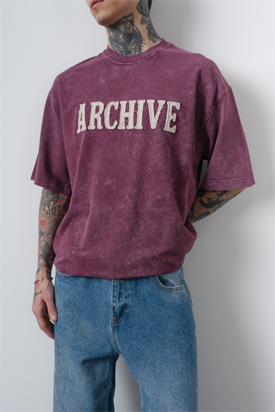 Erkek Archive Nakışlı Yıkamalı Oversize T-Shirt Vişne