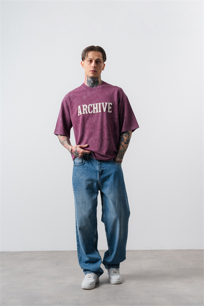 Erkek Archive Nakışlı Yıkamalı Oversize T-Shirt Vişne