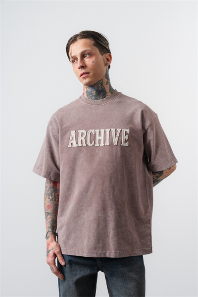 Erkek Archive Nakışlı Yıkamalı Oversize T-Shirt Kahve