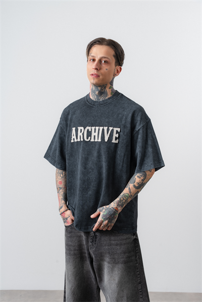 Erkek Archive Nakışlı Yıkamalı Oversize T-Shirt Siyah