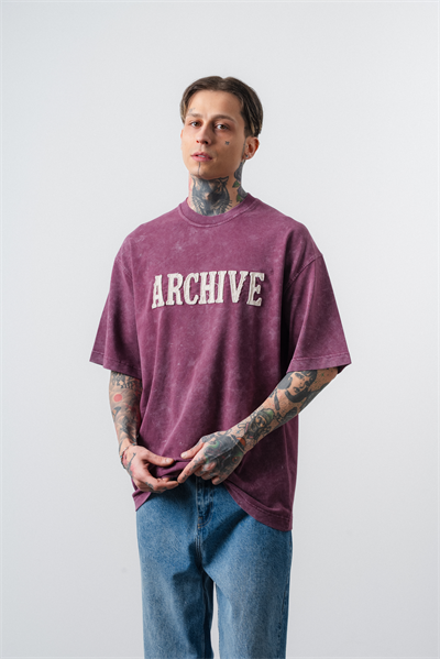 Erkek Archive Nakışlı Yıkamalı Oversize T-Shirt Vişne
