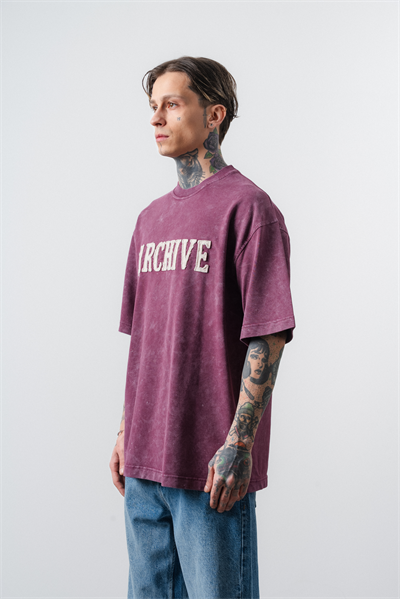 Erkek Archive Nakışlı Yıkamalı Oversize T-Shirt Vişne