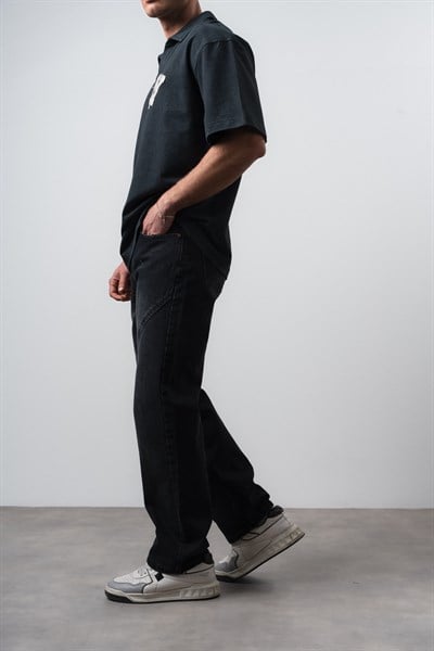Erkek Asimetrik Dikiş Detaylı Baggy Jean Siyah