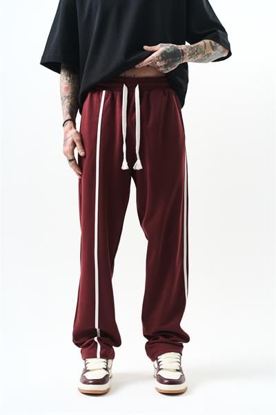 Erkek Asimetrik Şerit Detaylı İnterlok Baggy Eşofman Altı Bordo