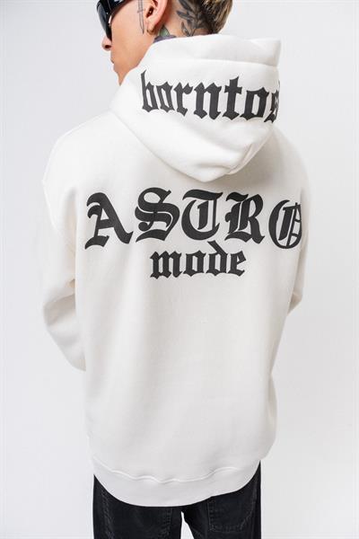 Erkek Astro Mode Baskılı Kapüşonlu Oversize Hoodie Ekru