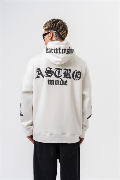 Erkek Astro Mode Baskılı Kapüşonlu Oversize Hoodie Ekru