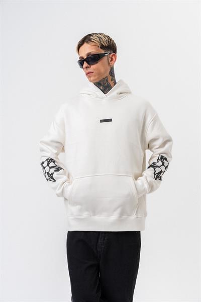 Erkek Astro Mode Baskılı Kapüşonlu Oversize Hoodie Ekru