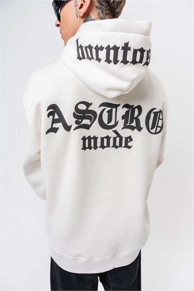 Erkek Astro Mode Baskılı Kapüşonlu Oversize Hoodie Ekru
