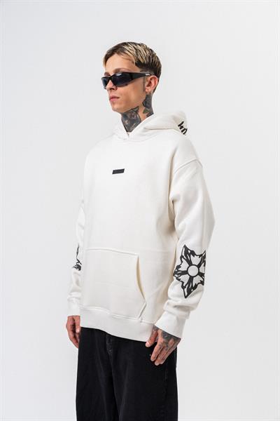 Erkek Astro Mode Baskılı Kapüşonlu Oversize Hoodie Ekru