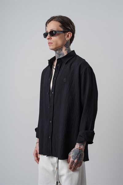 Erkek Çizgi Detaylı Uzun Kollu Oversize Gömlek Siyah