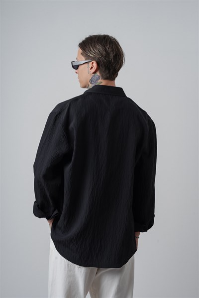 Erkek Çizgi Detaylı Uzun Kollu Oversize Gömlek Siyah