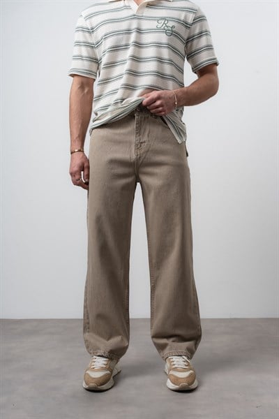 Erkek Washed Basic Baggy Jean Bej