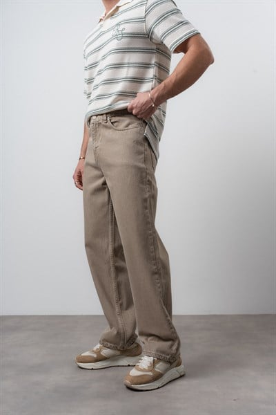 Erkek Washed Basic Baggy Jean Bej