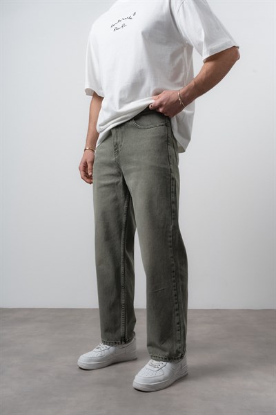 Erkek Washed Basic Baggy Jean Haki