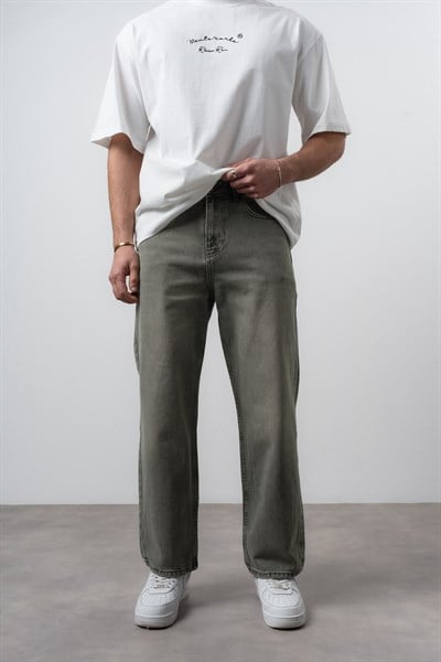 Erkek Washed Basic Baggy Jean Haki