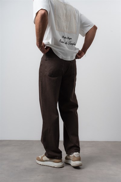 Erkek Washed Basic Baggy Jean Koyu Kahve
