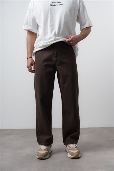 Erkek Washed Basic Baggy Jean Koyu Kahve