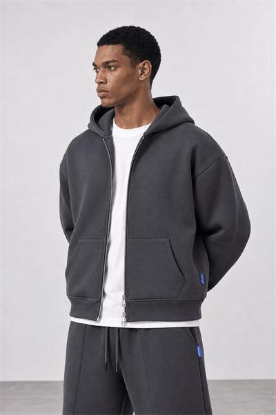 Erkek Basic Panda Oversize Zip Füme